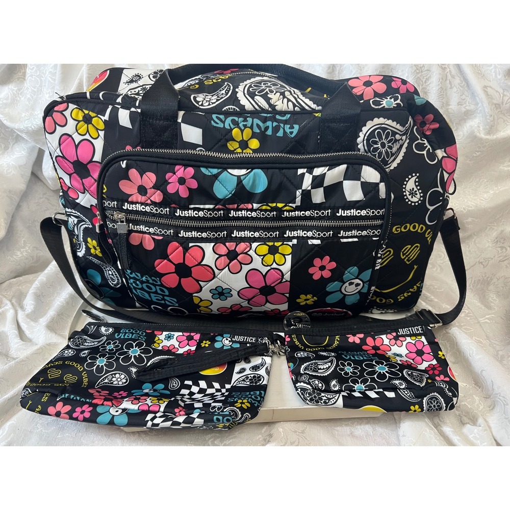 Justice Sport Quilted Duffel Bag Set Always Good Vibes Floral Paisley 3 Piece